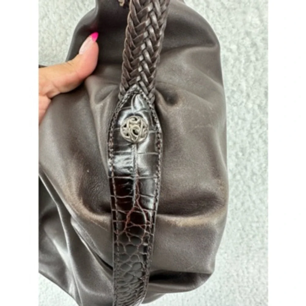 Brighton Hobo Bag Womens Brown Leather Croc Trim Silver Hardware Good Condition
